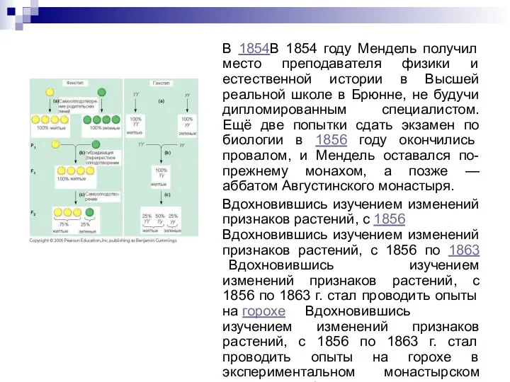 В 1854В 1854 году Мендель получил место преподавателя физики и естественной