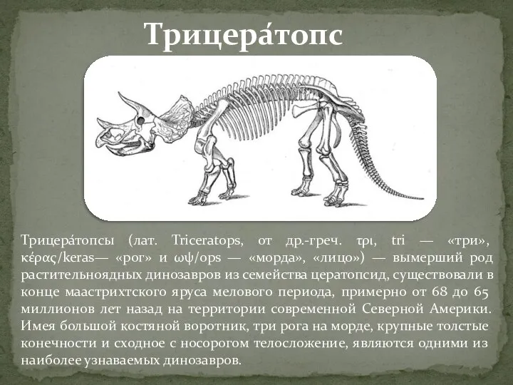 Трицера́топсы (лат. Triceratops, от др.-греч. τρι, tri — «три», κέρας/keras— «рог»