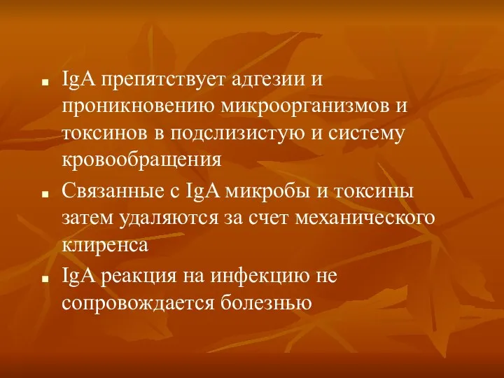 IgA препятствует адгезии и проникновению микроорганизмов и токсинов в подслизистую и