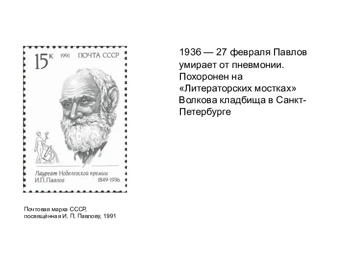 1936 — 27 февраля Павлов умирает от пневмонии. Похоронен на «Литераторских