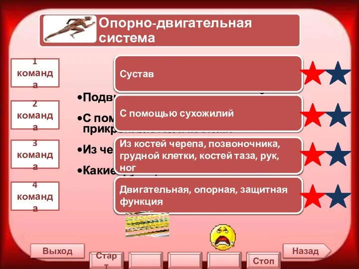 Назад Выход 1 команда 2 команда 3 команда 4 команда Сустав