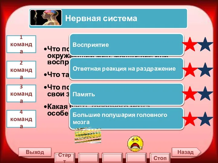 Назад Выход 1 команда 2 команда 3 команда 4 команда Восприятие