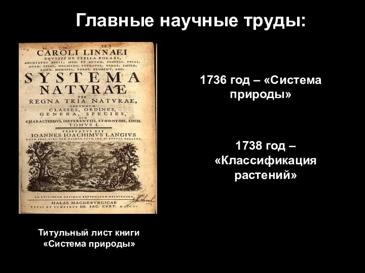 Главные научные труды: 1736 год – «Система природы» Титульный лист книги