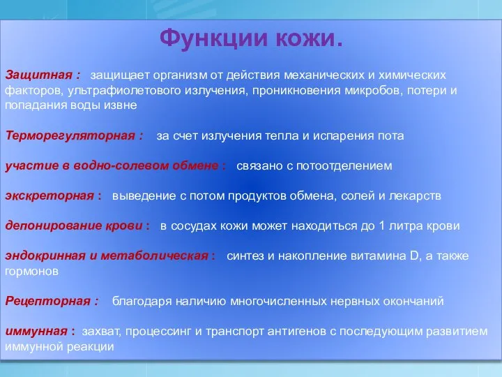 Функции кожи. Защитная : защищает организм от действия механических и химических