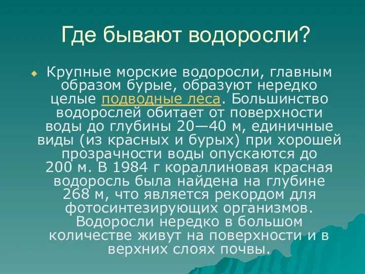 Где бывают водоросли? Крупные морские водоросли, главным образом бурые, образуют нередко