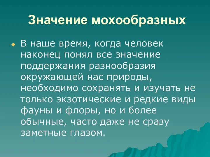 Значение мохообразных В наше время, когда человек наконец понял все значение