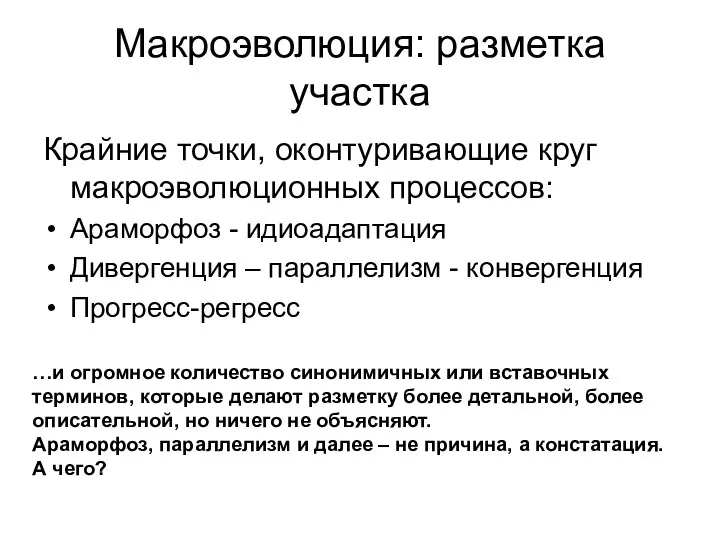 Макроэволюция: разметка участка Крайние точки, оконтуривающие круг макроэволюционных процессов: Араморфоз -