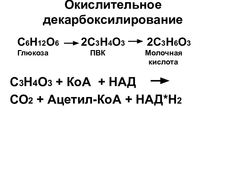 Окислительное декарбоксилирование С3Н4О3 + КоА + НАД СО2 + Ацетил-КоА +