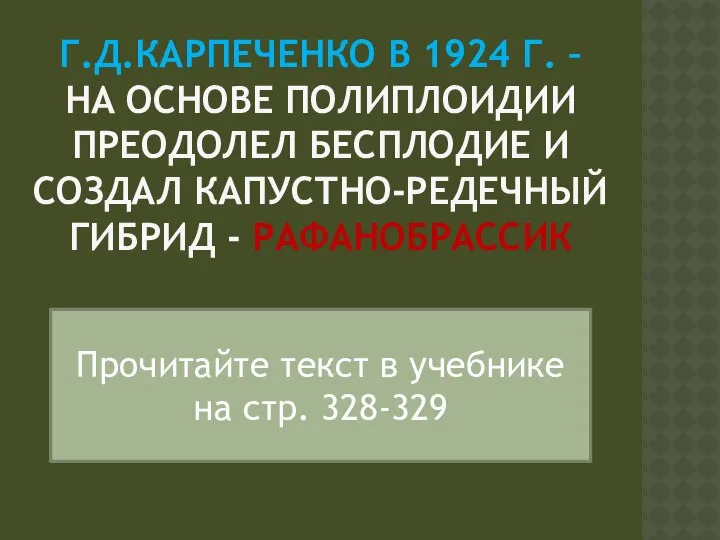 Г.Д.Карпеченко в 1924 г. – на основе полиплоидии преодолел бесплодие и