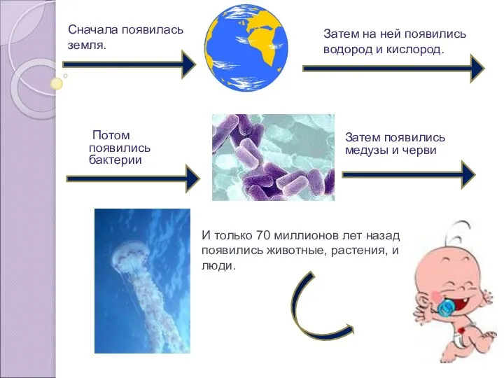 Потом появились бактерии Сначала появилась земля. Затем на ней появились водород