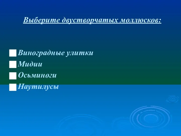 Выберите двустворчатых моллюсков: Виноградные улитки Мидии Осьминоги Наутилусы