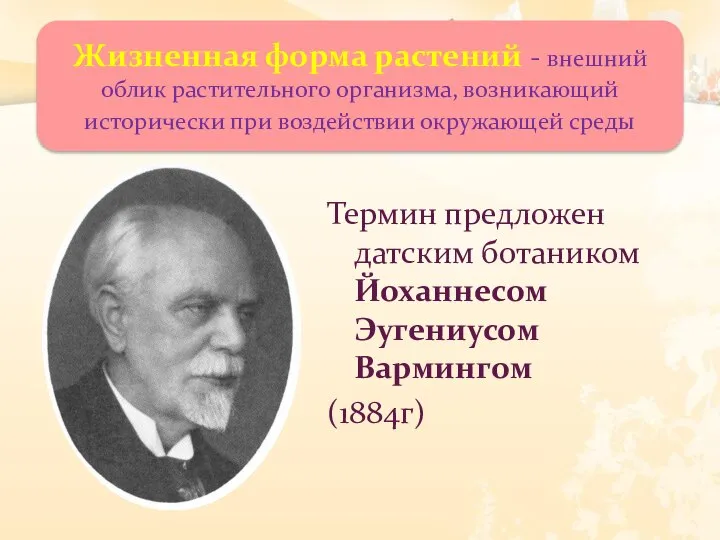 Термин предложен датским ботаником Йоханнесом Эугениусом Вармингом (1884г) Жизненная форма растений