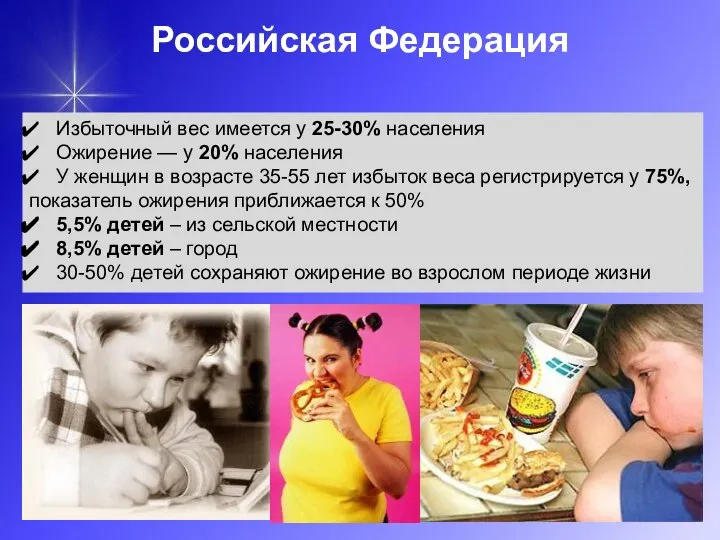 Российская Федерация Избыточный вес имеется у 25-30% населения Ожирение — у