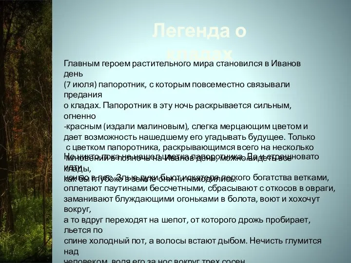 Легенда о кладах Главным героем растительного мира становился в Иванов день