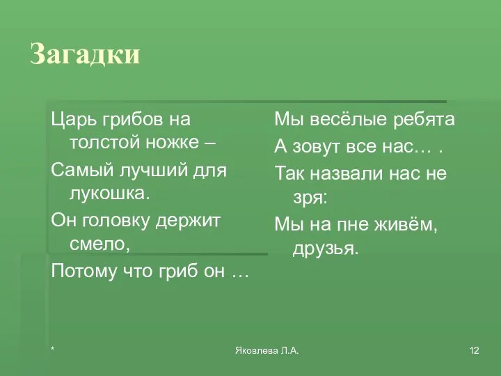 * Яковлева Л.А. Загадки Царь грибов на толстой ножке – Самый