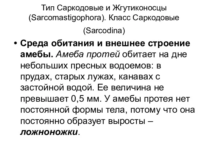 Тип Саркодовые и Жгутиконосцы (Sarcomastigophora). Класс Саркодовые (Sarcodina) Среда обитания и