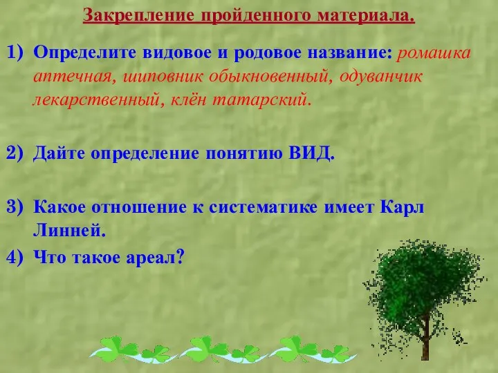 Закрепление пройденного материала. Определите видовое и родовое название: ромашка аптечная, шиповник