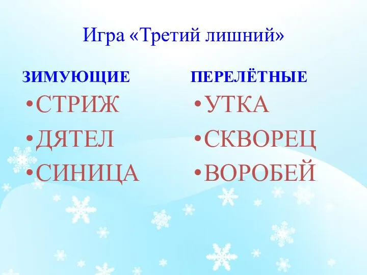 Игра «Третий лишний» ЗИМУЮЩИЕ СТРИЖ ДЯТЕЛ СИНИЦА ПЕРЕЛЁТНЫЕ УТКА СКВОРЕЦ ВОРОБЕЙ