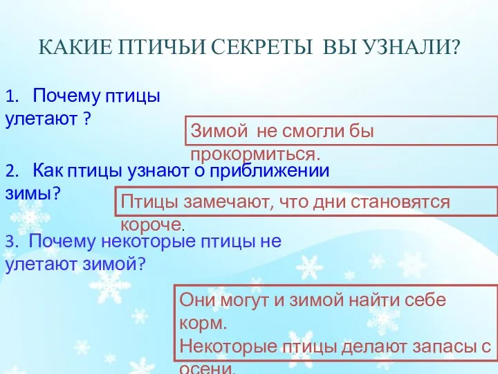 КАКИЕ ПТИЧЬИ СЕКРЕТЫ ВЫ УЗНАЛИ? 1. Почему птицы улетают ? Зимой