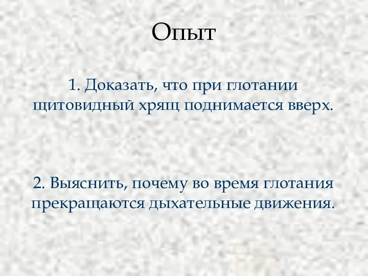 1. Доказать, что при глотании щитовидный хрящ поднимается вверх. 2. Выяснить,