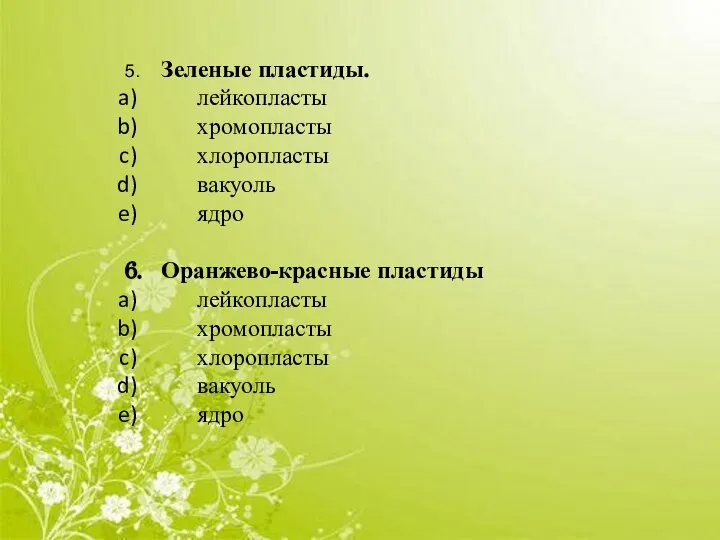 5. Зеленые пластиды. лейкопласты хромопласты хлоропласты вакуоль ядро 6. Оранжево-красные пластиды лейкопласты хромопласты хлоропласты вакуоль ядро