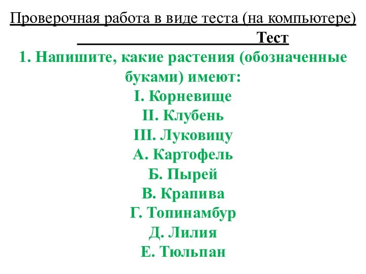 Проверочная работа в виде теста (на компьютере) Тест 1. Напишите, какие