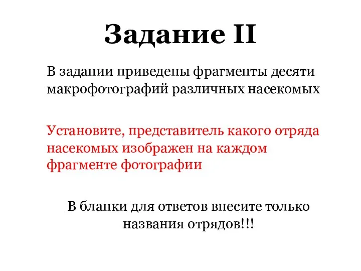 Задание II В задании приведены фрагменты десяти макрофотографий различных насекомых Установите,