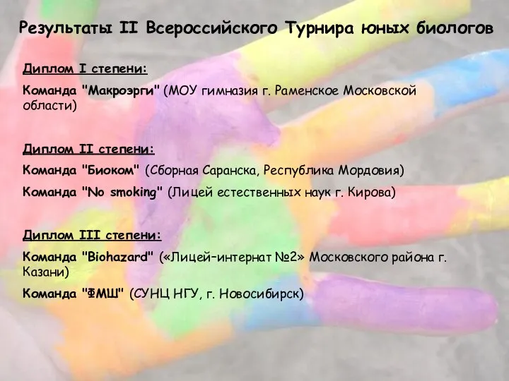 Результаты II Всероссийского Турнира юных биологов Диплом I степени: Команда "Макроэрги"