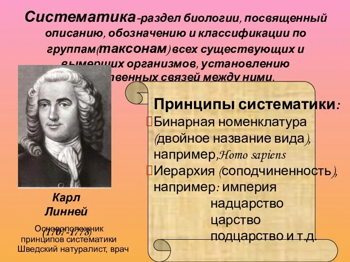 Систематика-раздел биологии, посвященный описанию, обозначению и классификации по группам(таксонам) всех существующих