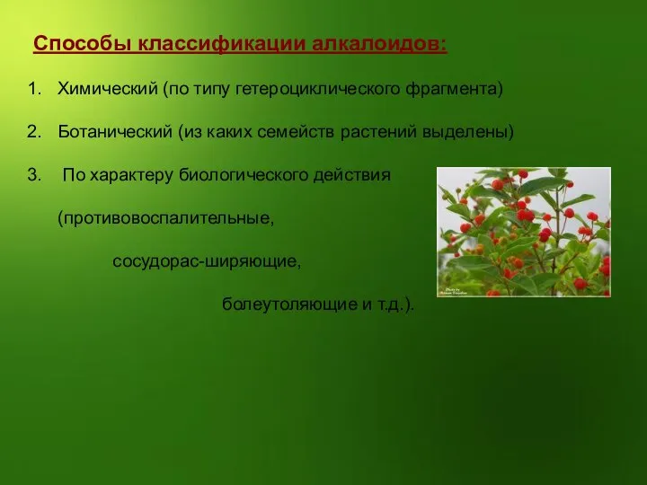 Способы классификации алкалоидов: Химический (по типу гетероциклического фрагмента) Ботанический (из каких