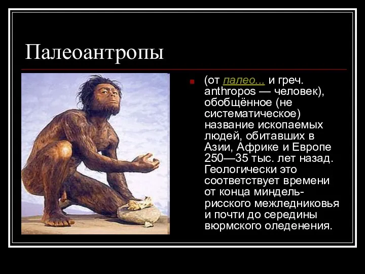 Палеоантропы (от палео... и греч. anthropos — человек), обобщённое (не систематическое)