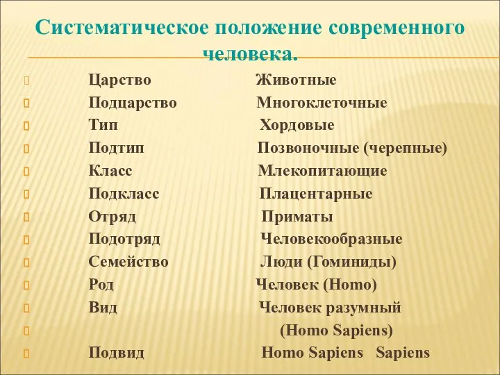 Систематическое положение современного человека. Царство Животные Подцарство Многоклеточные Тип Хордовые Подтип