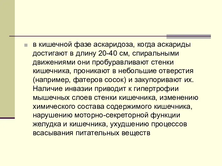 в кишечной фазе аскаридоза, когда аскариды достигают в длину 20-40 см,