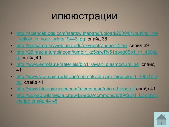 илююстрации http://scienceblogs.com/startswithabang/upload/2009/04/putting_the_yellow_in_your_urine/19443.jpg слайд 38 http://gassama.myweb.uga.edu/oxygentransport2.jpg слайд 39 http://25.media.tumblr.com/tumblr_kz5jsjwRv51qbog05o1_r1_400.jpg слайд 40 http://www.edrofa.ru/materials/bio11/avian_plasmodium.jpg