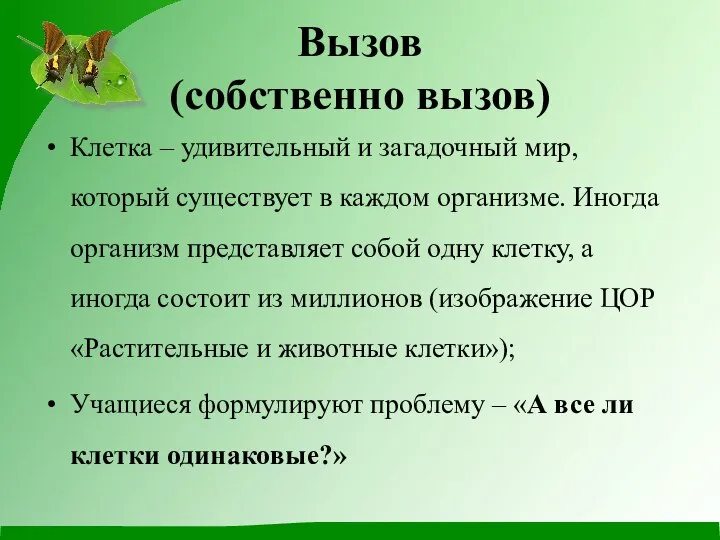 Вызов (собственно вызов) Клетка – удивительный и загадочный мир, который существует