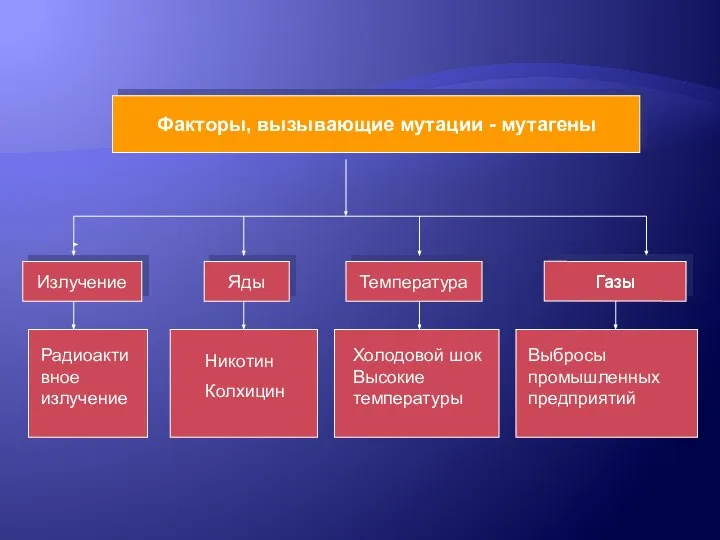 Факторы, вызывающие мутации - мутагены Излучение Яды Температура Газы Радиоактивное излучение