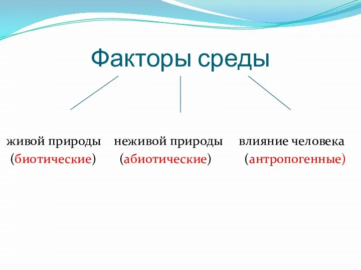 Факторы среды живой природы неживой природы влияние человека (биотические) (абиотические) (антропогенные)