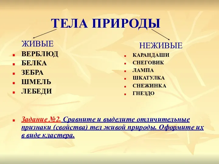 ТЕЛА ПРИРОДЫ ЖИВЫЕ ВЕРБЛЮД БЕЛКА ЗЕБРА ШМЕЛЬ ЛЕБЕДИ Задание №2. Сравните