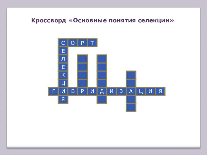 Кроссворд «Основные понятия селекции» С Е Л Е К Ц И