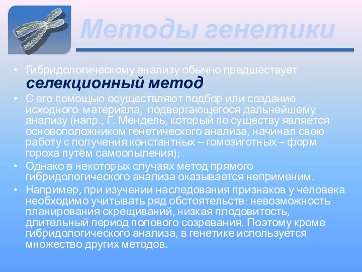 Методы генетики Гибридологическому анализу обычно предшествует селекционный метод. С его помощью