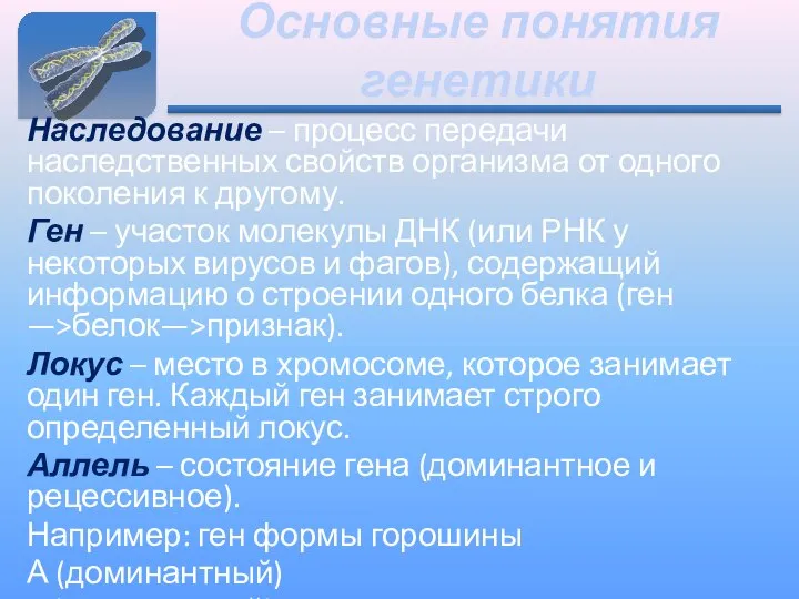 Основные понятия генетики Наследование – процесс передачи наследственных свойств организма от