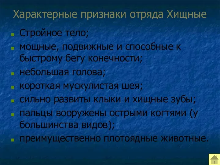 Характерные признаки отряда Хищные Стройное тело; мощные, подвижные и способные к