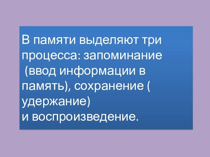 В памяти выделяют три процесса: запоминание (ввод информации в память), сохранение ( удержание) и воспроизведение.