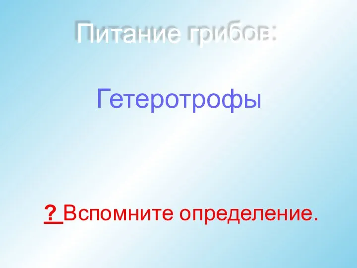 Питание грибов: Гетеротрофы ? Вспомните определение.