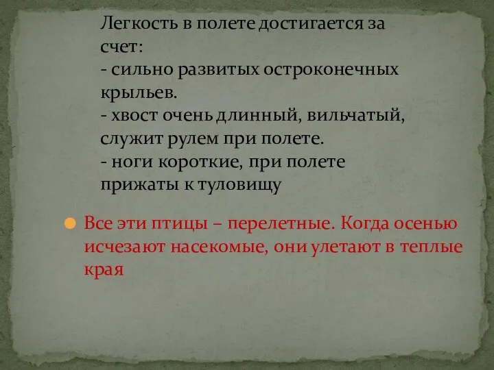 Все эти птицы – перелетные. Когда осенью исчезают насекомые, они улетают