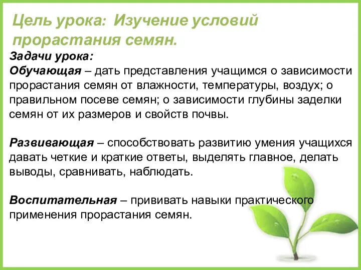 Цель урока: Изучение условий прорастания семян. Задачи урока: Обучающая – дать