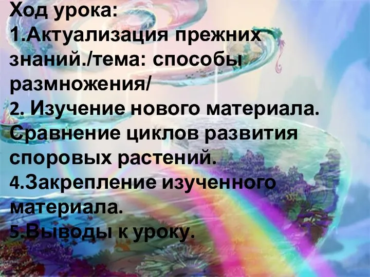 Ход урока: 1.Актуализация прежних знаний./тема: способы размножения/ 2. Изучение нового материала.