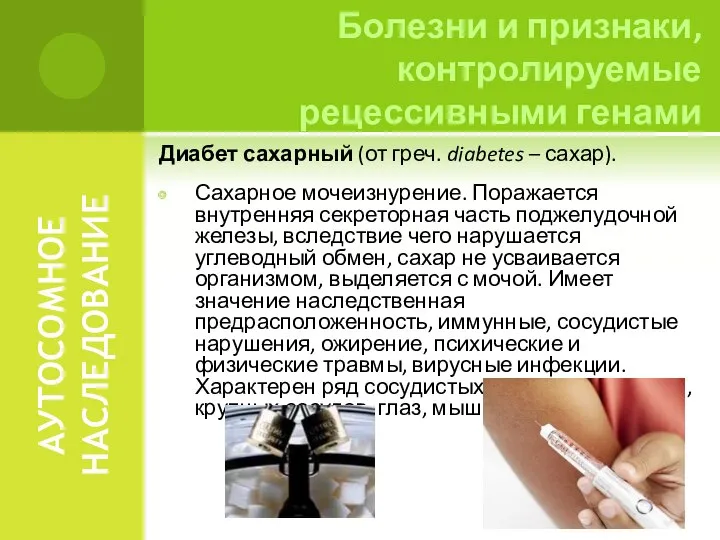 АУТОСОМНОЕ НАСЛЕДОВАНИЕ Диабет сахарный (от греч. diabetes – сахар). Сахарное мочеизнурение.