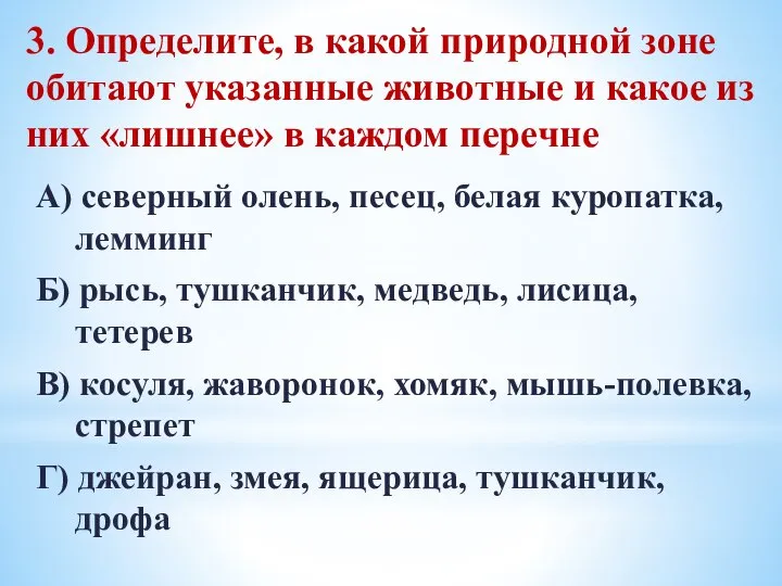 3. Определите, в какой природной зоне обитают указанные животные и какое