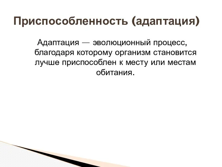 Адаптация — эволюционный процесс, благодаря которому организм становится лучше приспособлен к